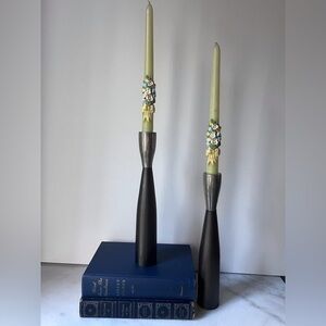 Crate & Barrel Chrome & Nickel Brutalist MCM Style Candle Holders Set Of 2